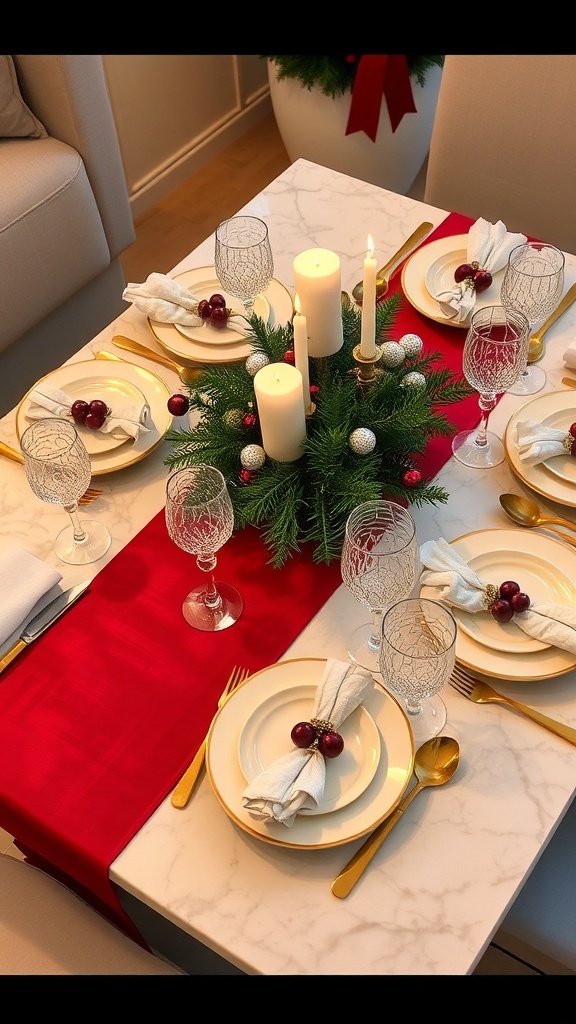 Elegant Christmas Table Settings for a Marble Table Christmas table setting on a marble table with red runner, elegant dinnerware, and festive decorations.